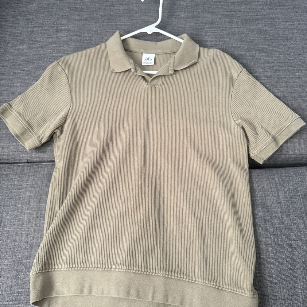 Zara Tan Polo Shirt with Textured Fabric and Relaxed Fit